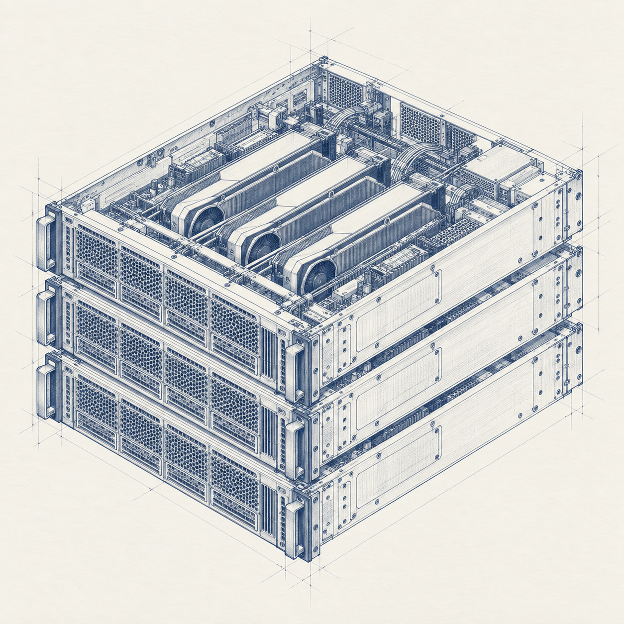 Blue ink illustration of stacked compute servers